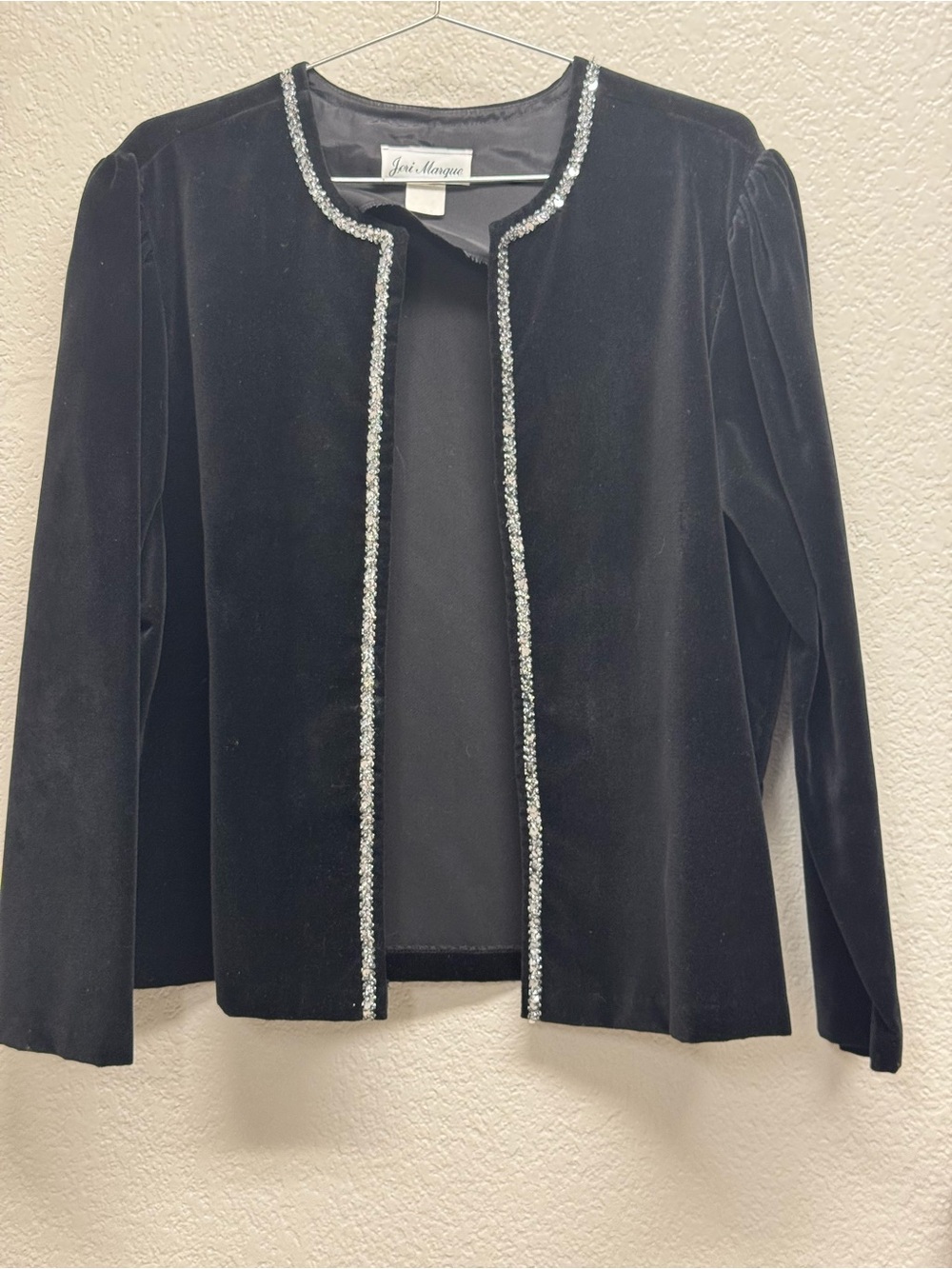 Black Velvet Open Front Jacket with Trim sequins size Large pit 23 L 25